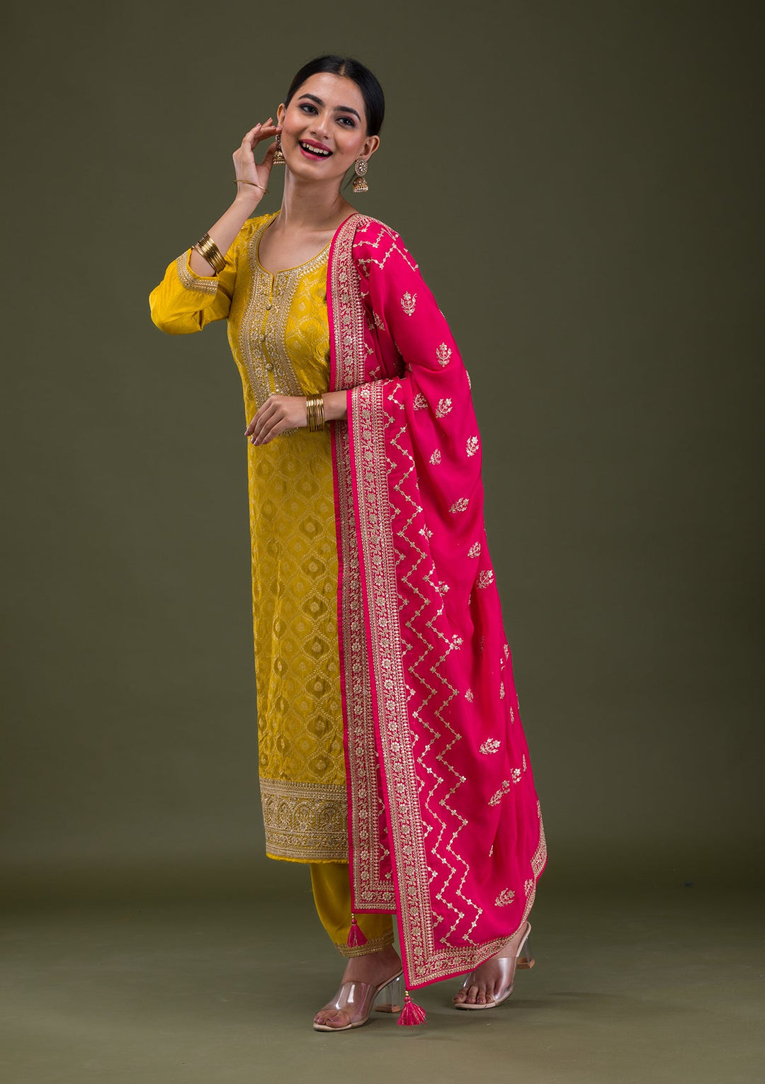 Mustard Zariwork Crepe Readymade Salwar Suit-Koskii