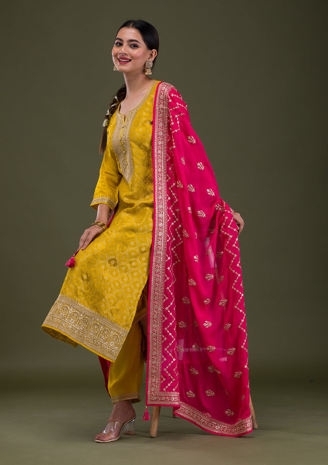 Mustard Zariwork Crepe Readymade Salwar Suit-Koskii