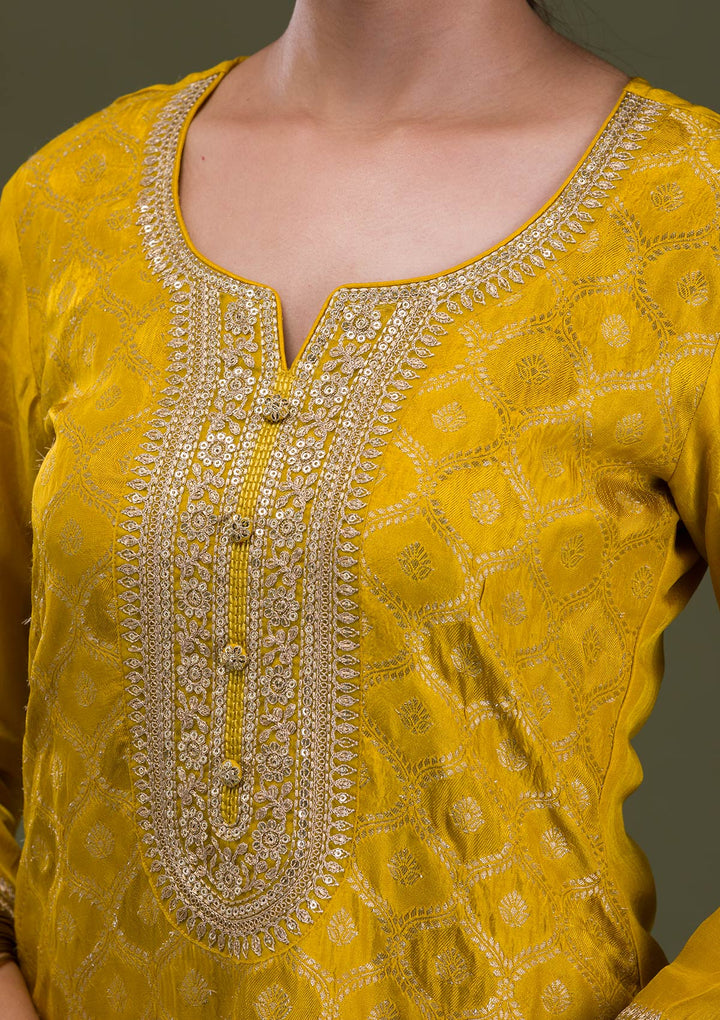 Mustard Zariwork Crepe Readymade Salwar Suit-Koskii