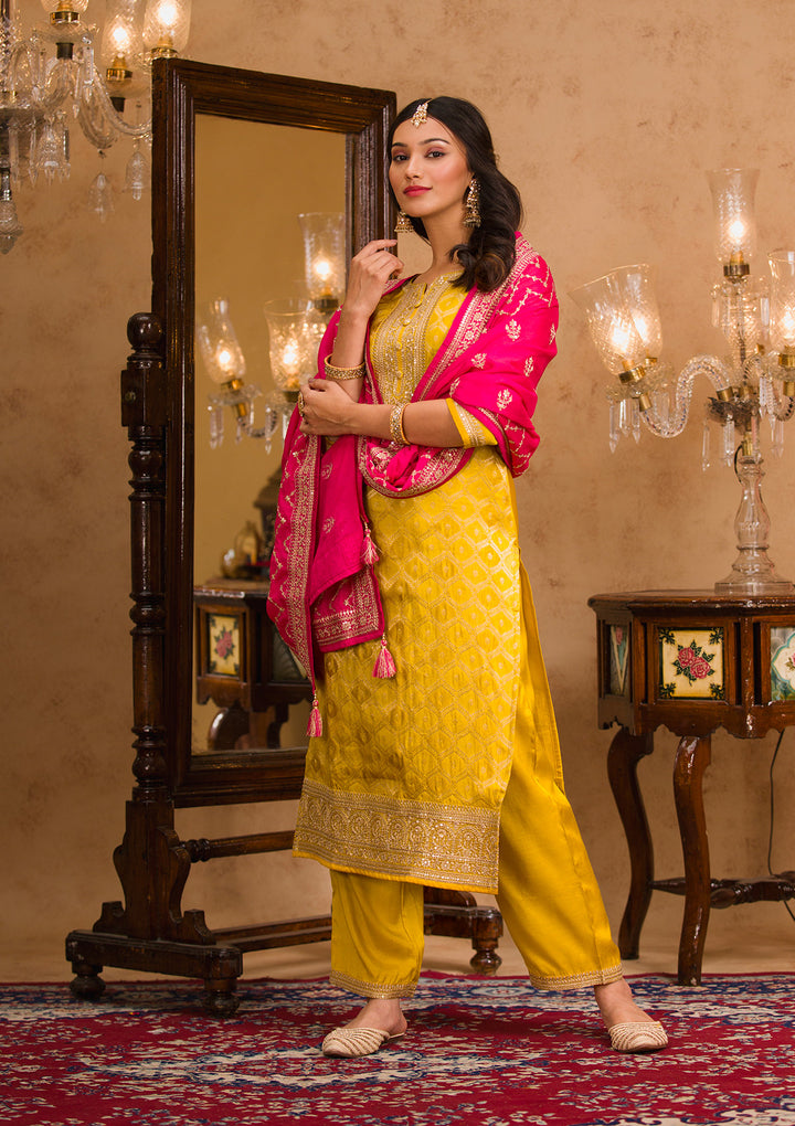 Mustard Zariwork Crepe Readymade Salwar Kameez
