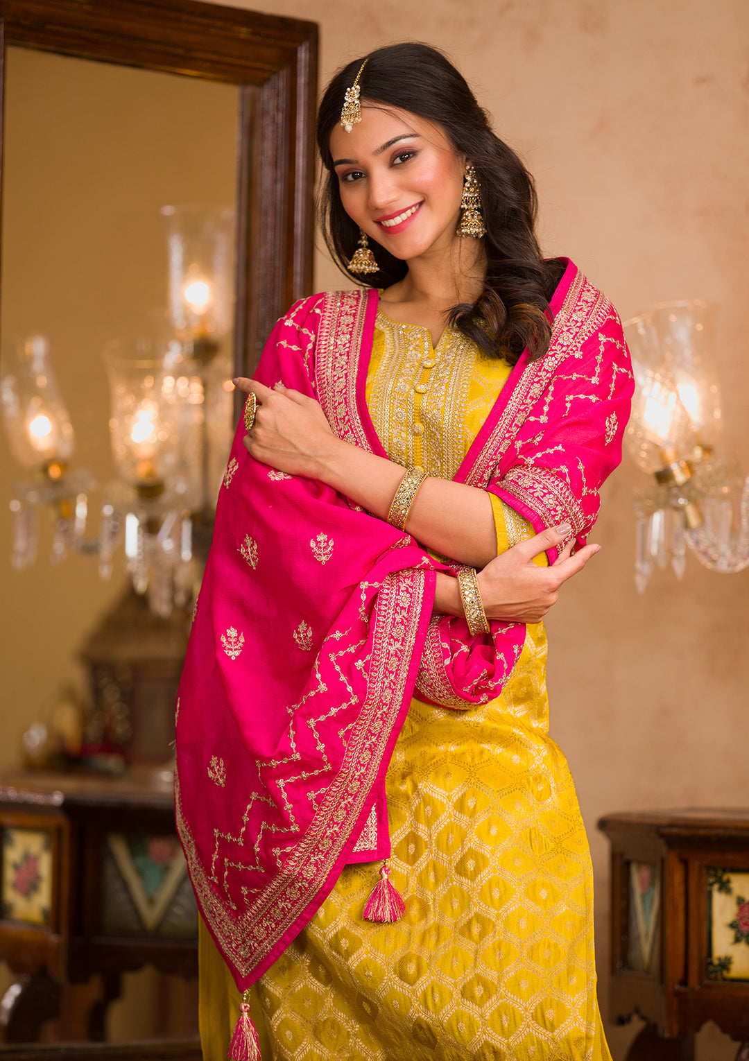 Mustard Zariwork Crepe Readymade Salwar Kameez