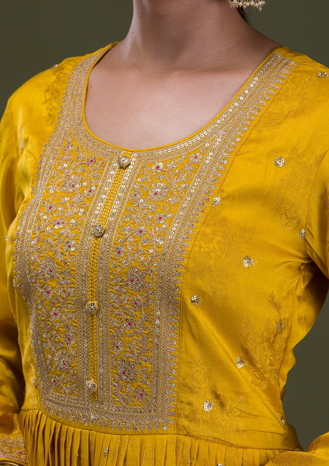 Mustard Zariwork Crepe Readymade Salwar Suit-Koskii