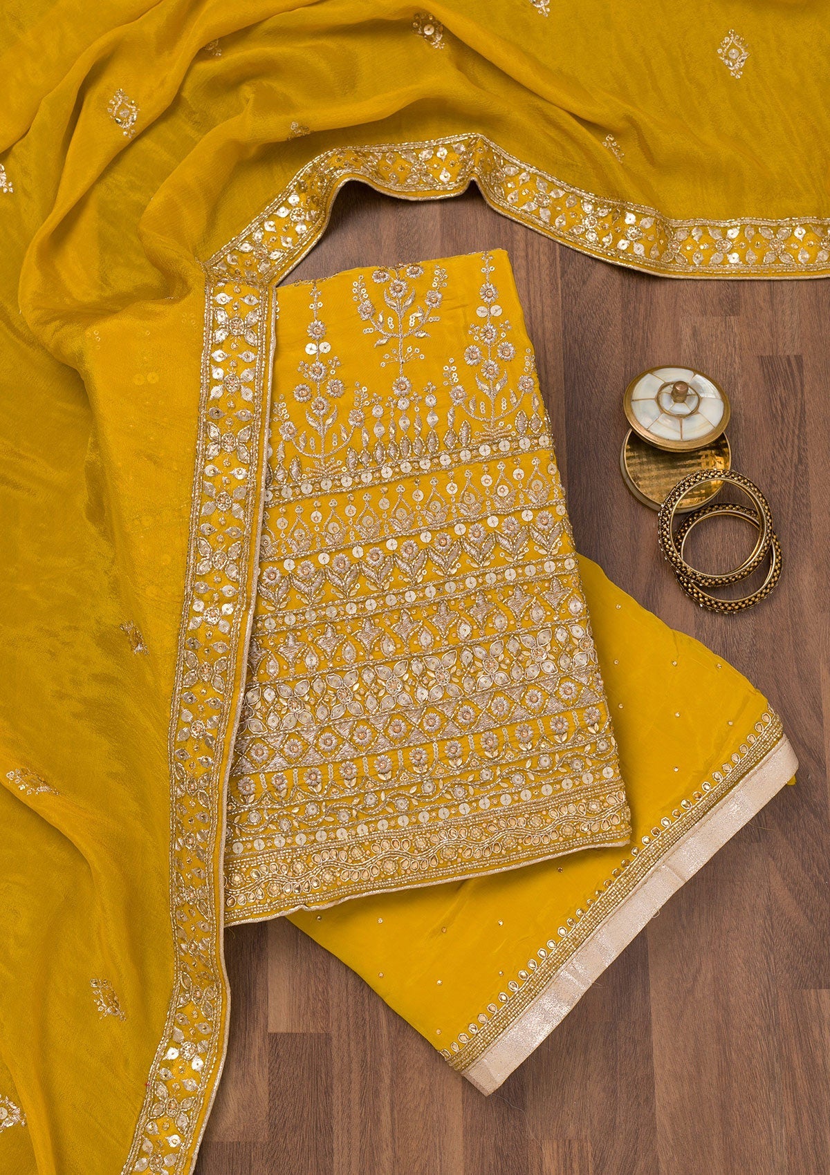 Mustard Zariwork Crepe Unstitched Salwar Suit-Koskii