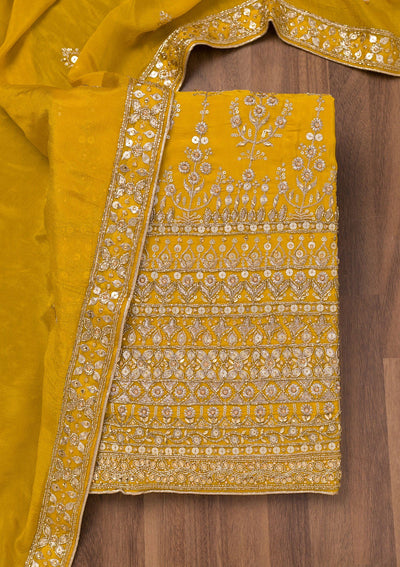 Mustard Zariwork Crepe Unstitched Salwar Suit-Koskii