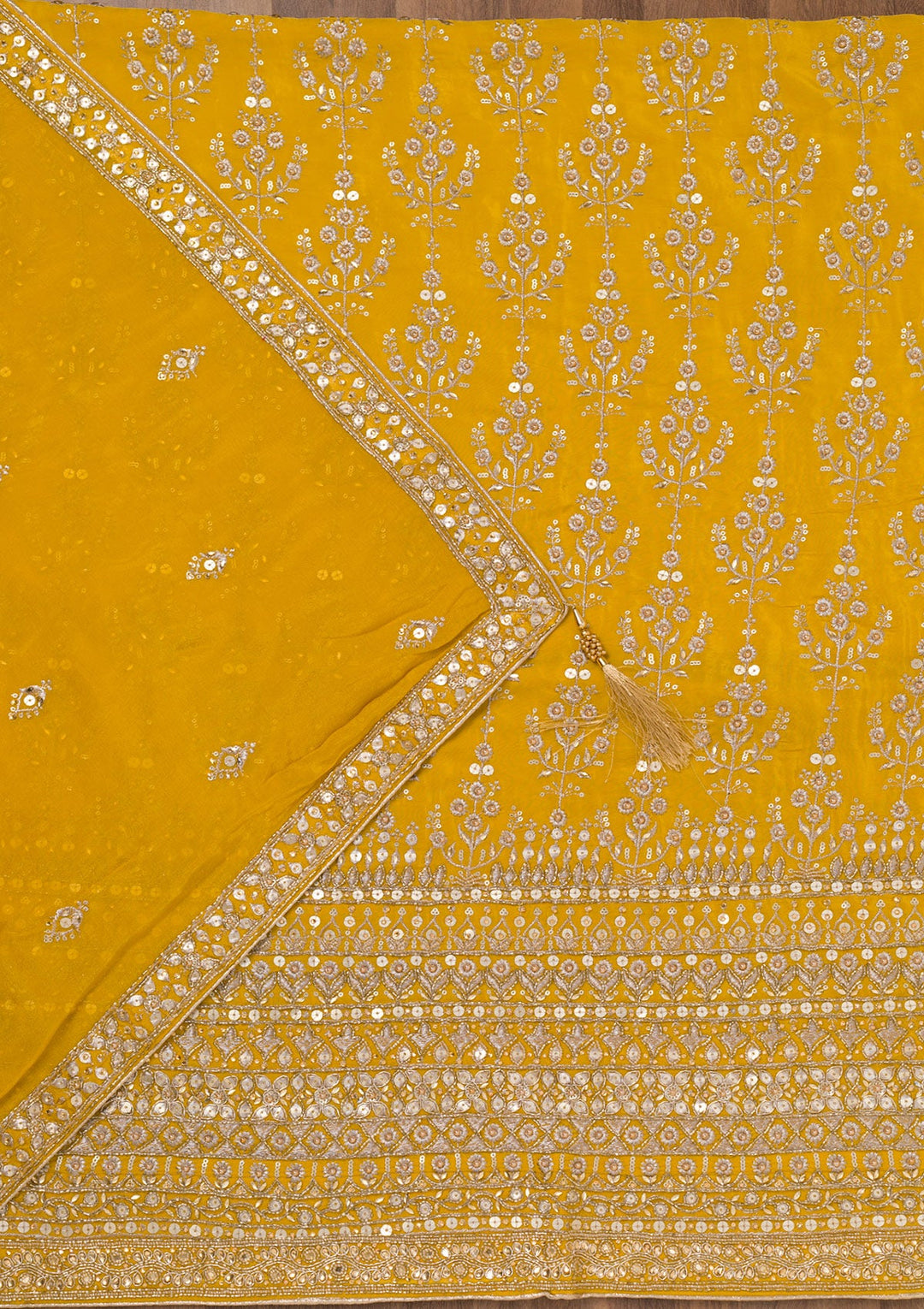 Mustard Zariwork Crepe Unstitched Salwar Suit-Koskii