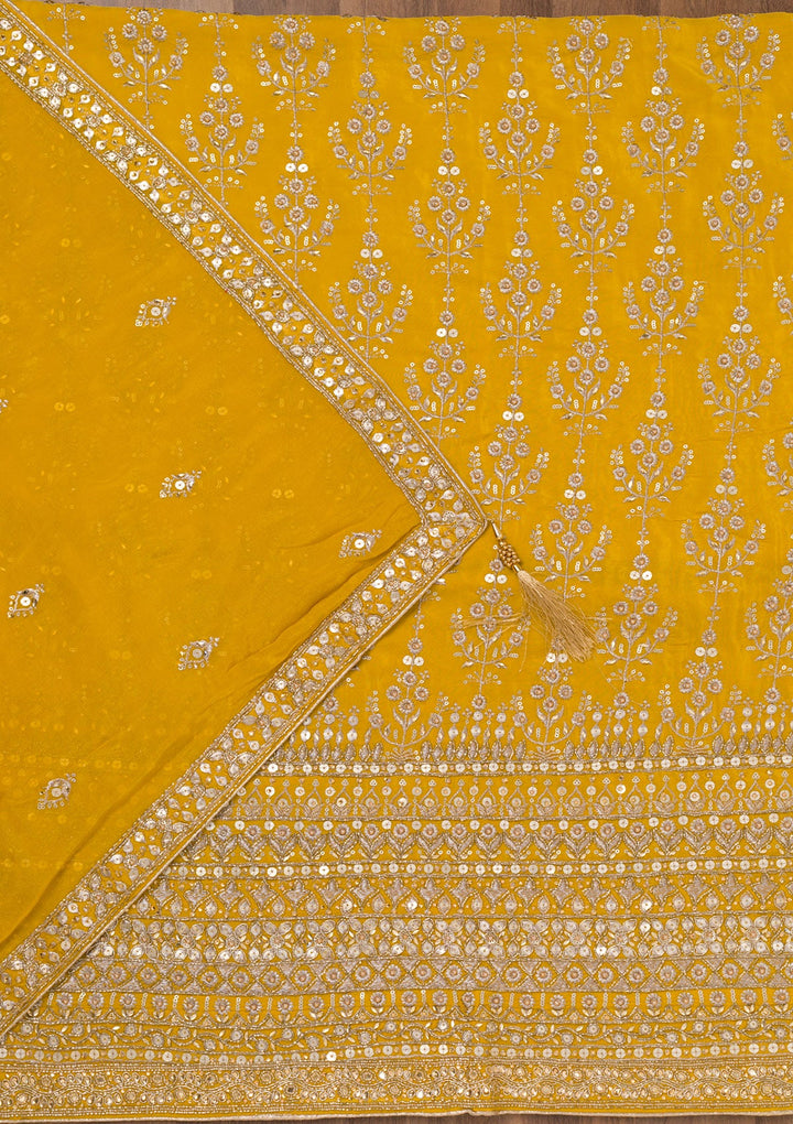 Mustard Zariwork Crepe Unstitched Salwar Suit-Koskii