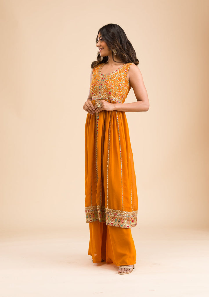 Mustard Zariwork Georgette Readymade Salwar Kameez-Koskii