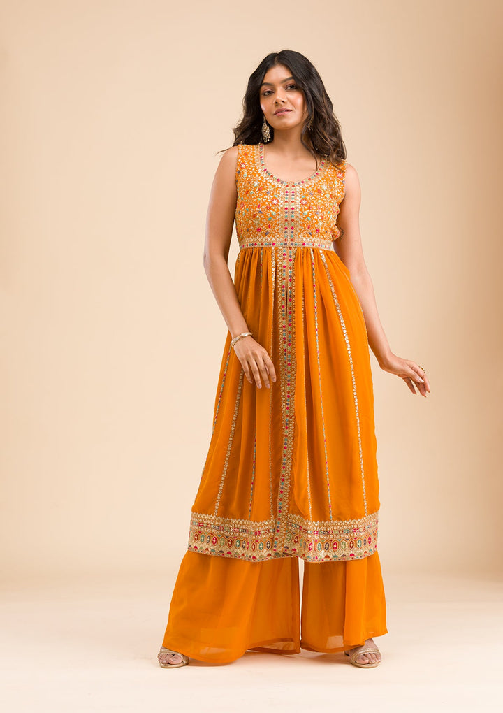 Mustard Zariwork Georgette Readymade Salwar Kameez-Koskii