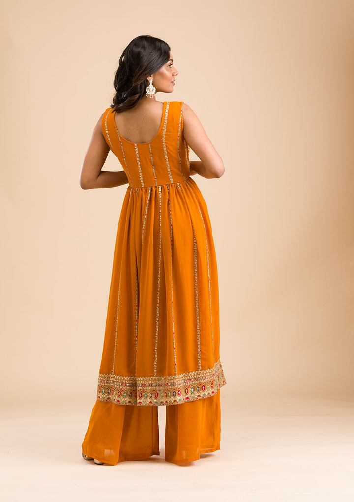 Mustard Zariwork Georgette Readymade Salwar Kameez-Koskii