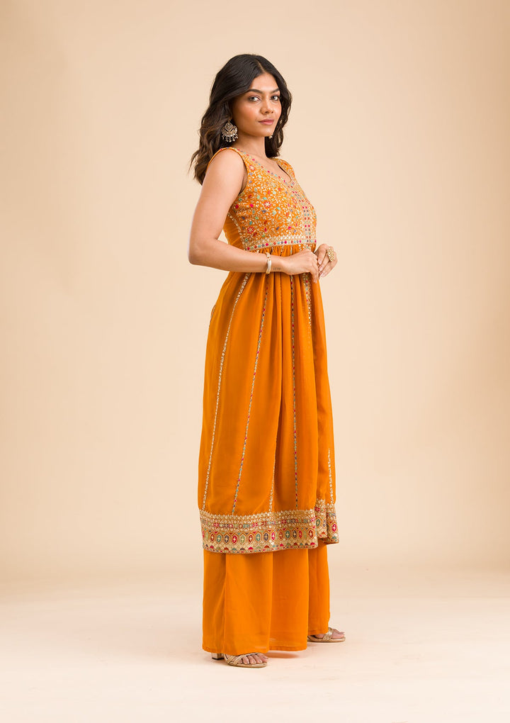 Mustard Zariwork Georgette Readymade Salwar Kameez-Koskii