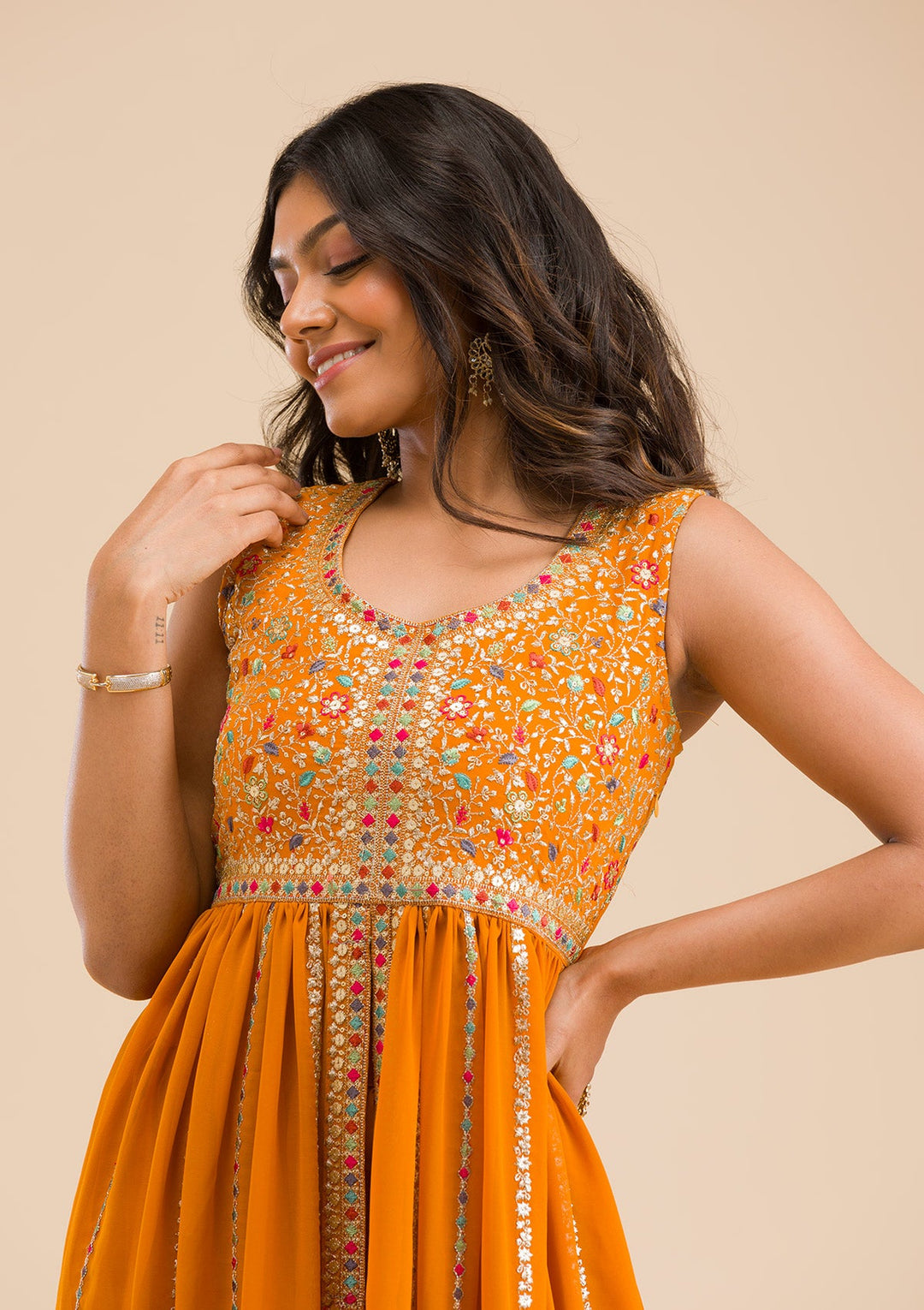 Mustard Zariwork Georgette Readymade Salwar Kameez-Koskii