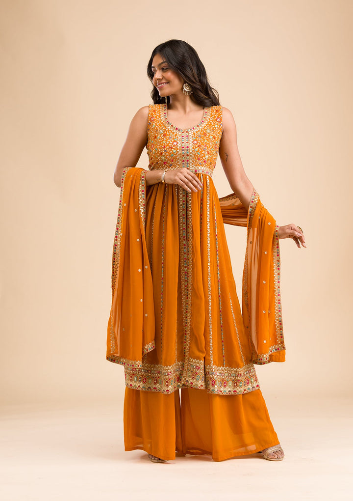 Mustard Zariwork Georgette Readymade Salwar Kameez-Koskii