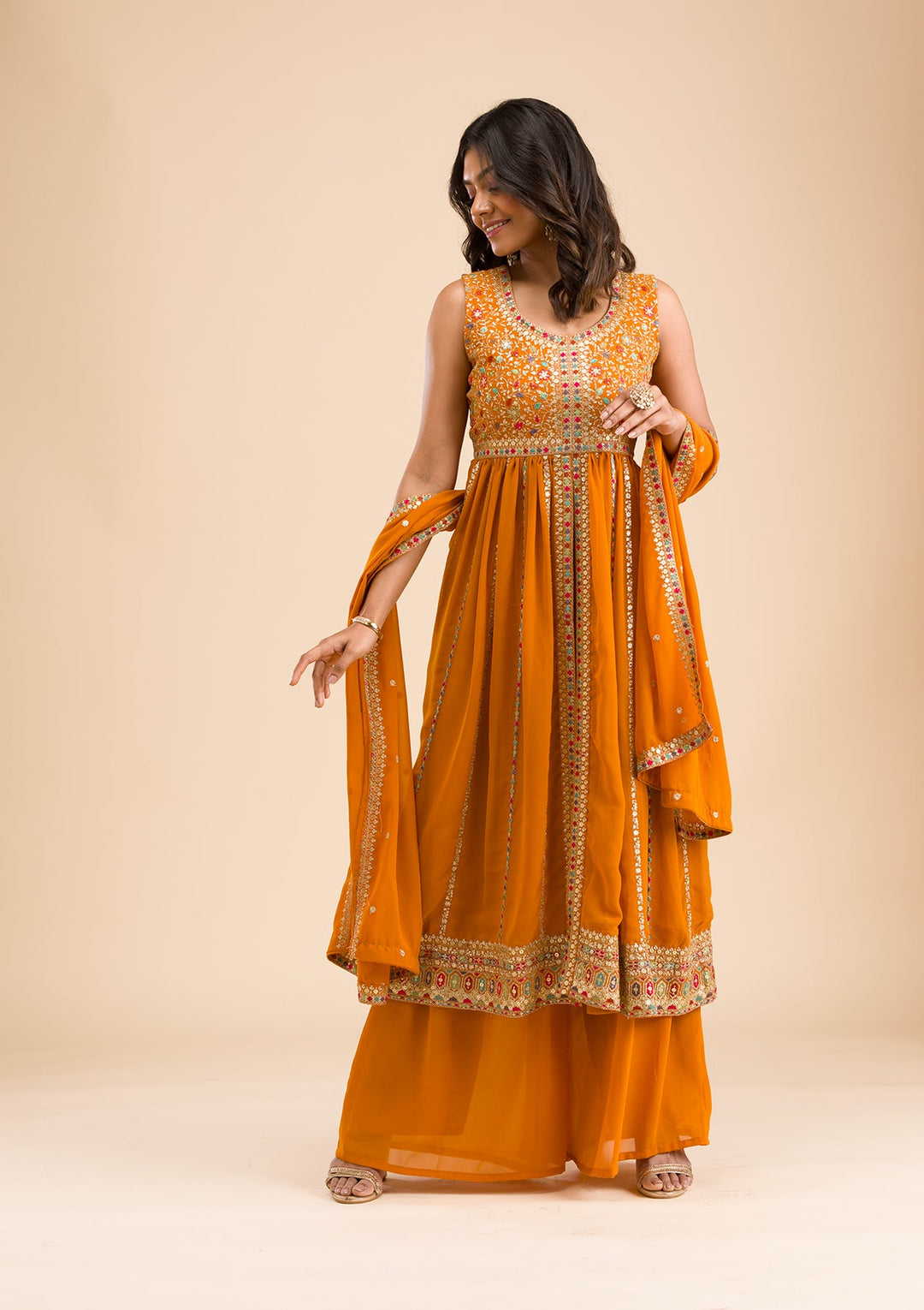Mustard Zariwork Georgette Readymade Salwar Kameez-Koskii