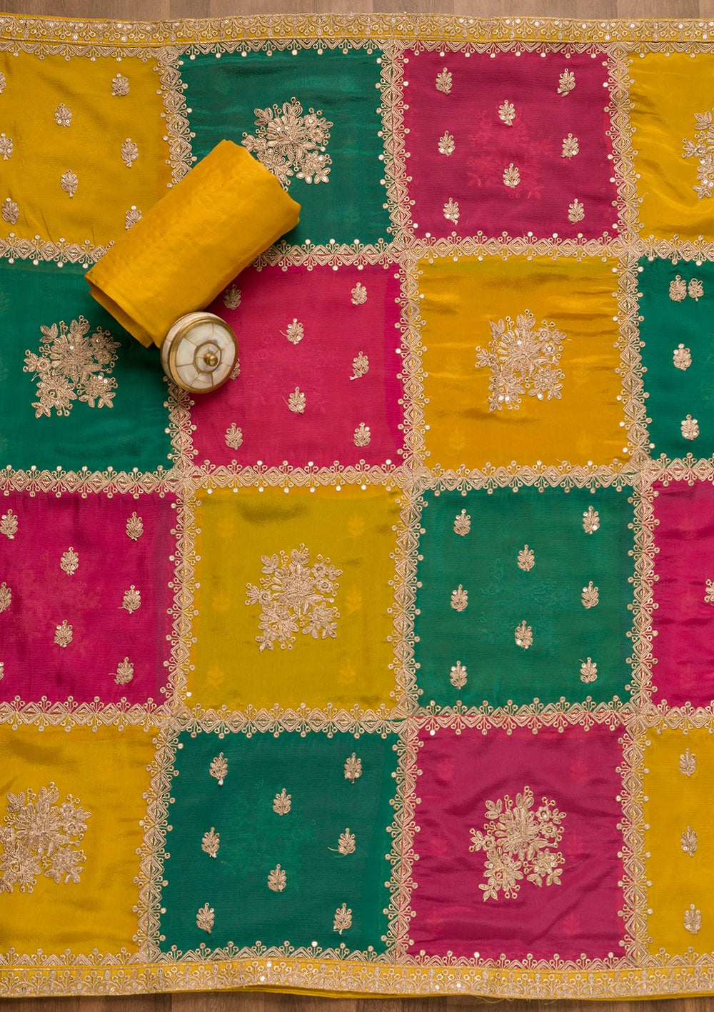 Mustard Zariwork Georgette Unstitched Salwar Suit-Koskii