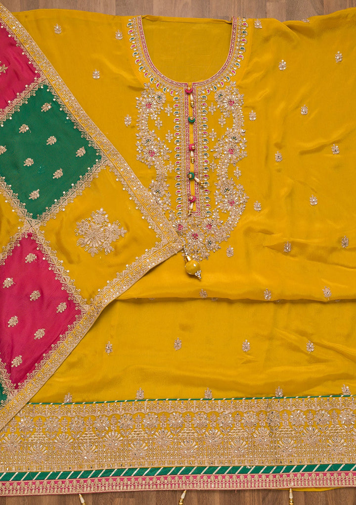 Mustard Zariwork Georgette Unstitched Salwar Suit-Koskii