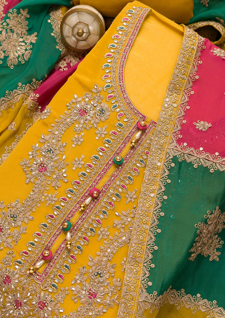 Mustard Zariwork Georgette Unstitched Salwar Suit-Koskii