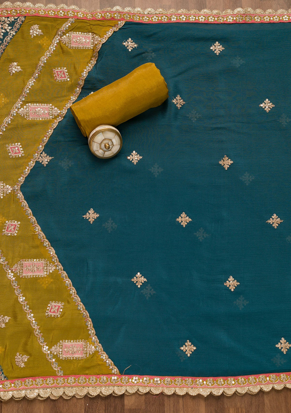 Mustard Zariwork Georgette Unstitched Salwar Suit-Koskii