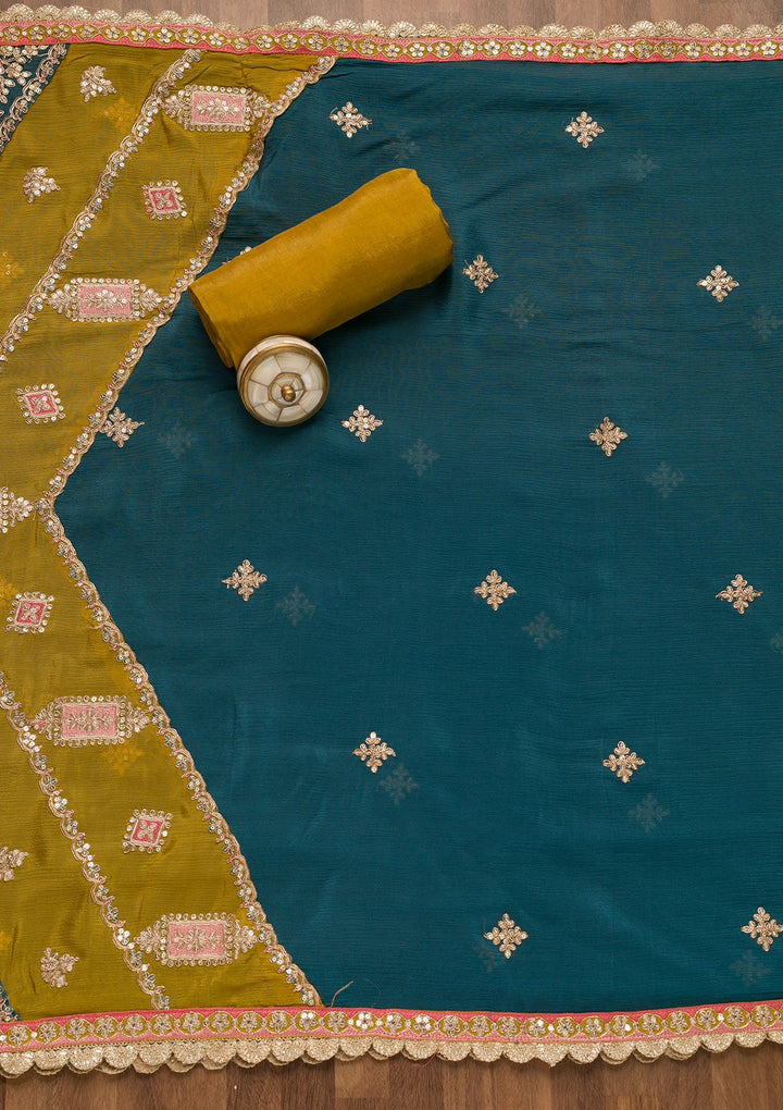 Mustard Zariwork Georgette Unstitched Salwar Suit-Koskii