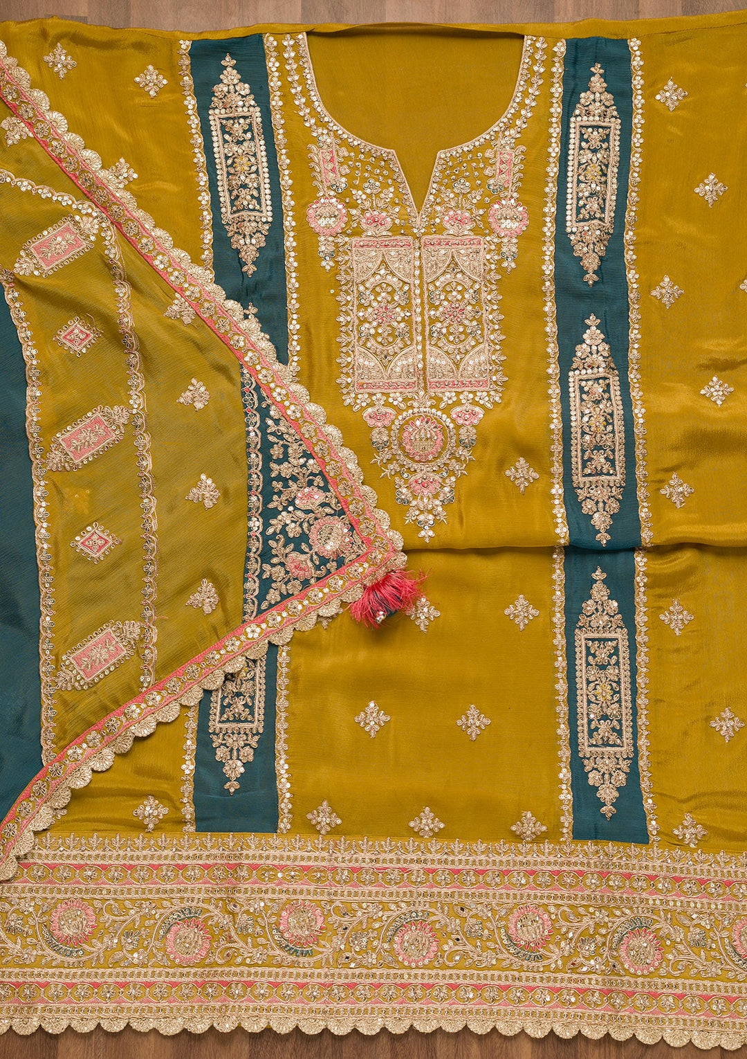 Mustard Zariwork Georgette Unstitched Salwar Suit-Koskii