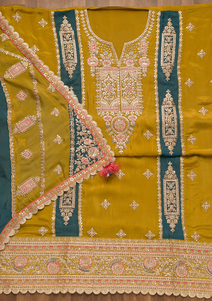 Mustard Zariwork Georgette Unstitched Salwar Suit-Koskii