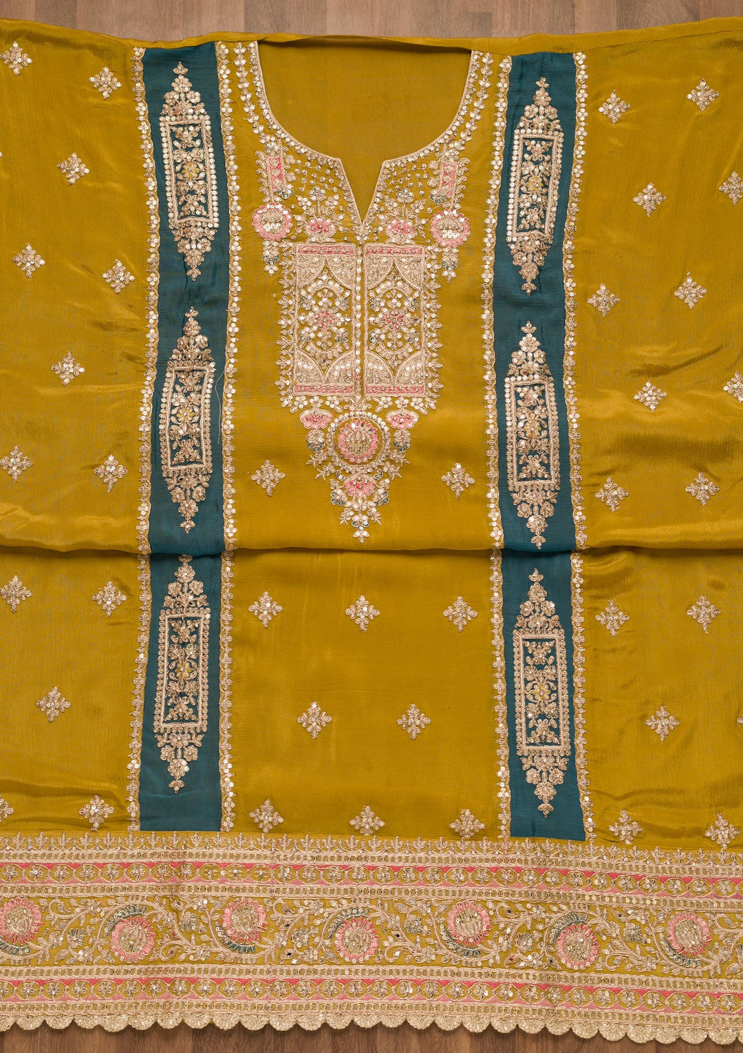 Mustard Zariwork Georgette Unstitched Salwar Suit-Koskii