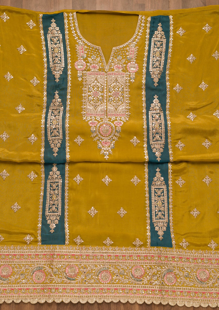 Mustard Zariwork Georgette Unstitched Salwar Suit-Koskii