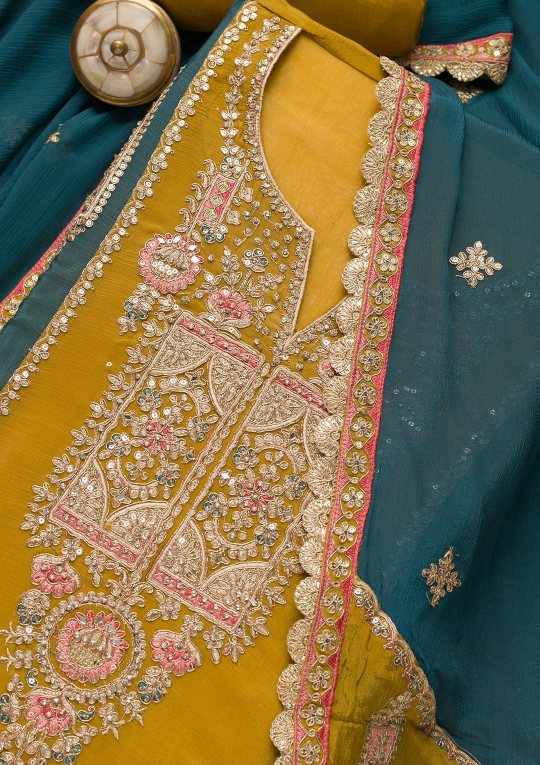 Mustard Zariwork Georgette Unstitched Salwar Suit-Koskii