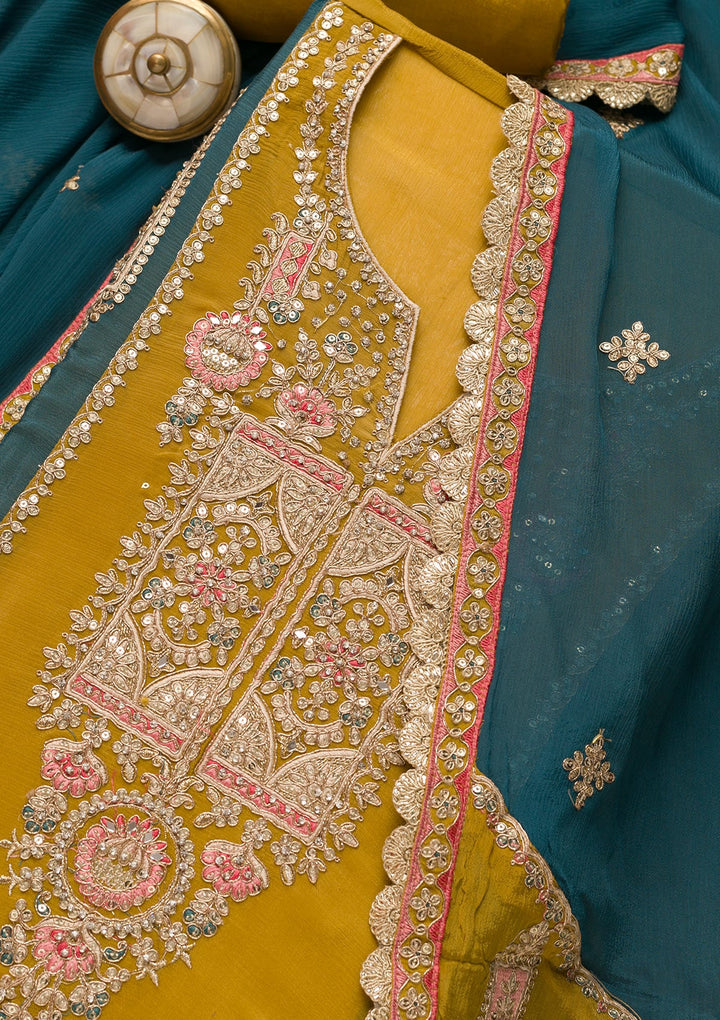 Mustard Zariwork Georgette Unstitched Salwar Suit-Koskii