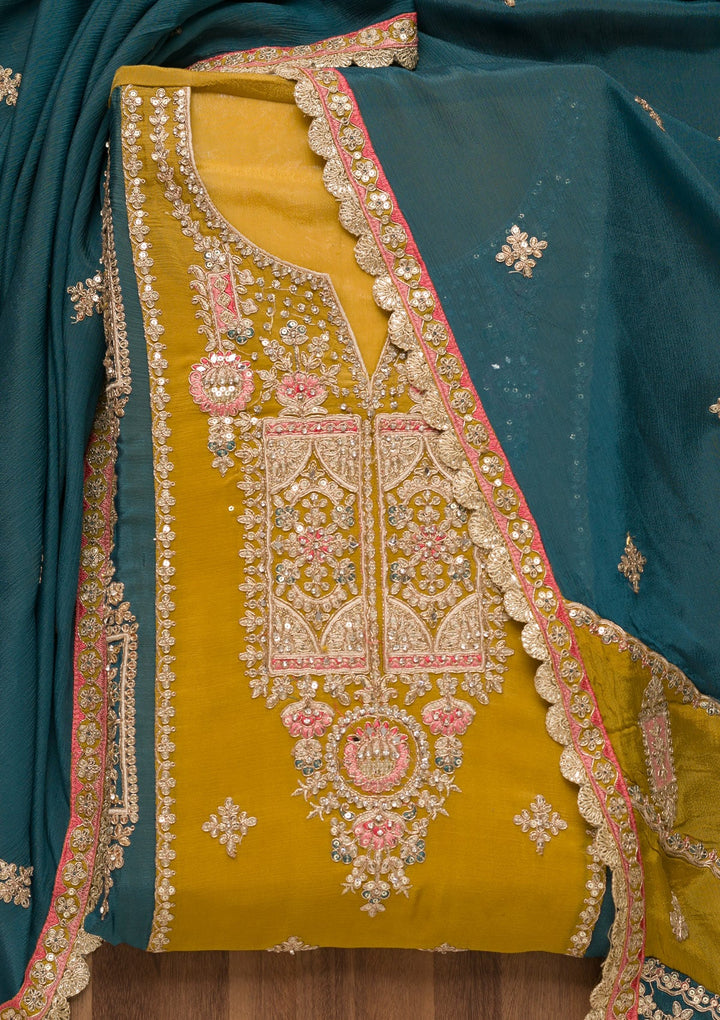 Mustard Zariwork Georgette Unstitched Salwar Suit-Koskii