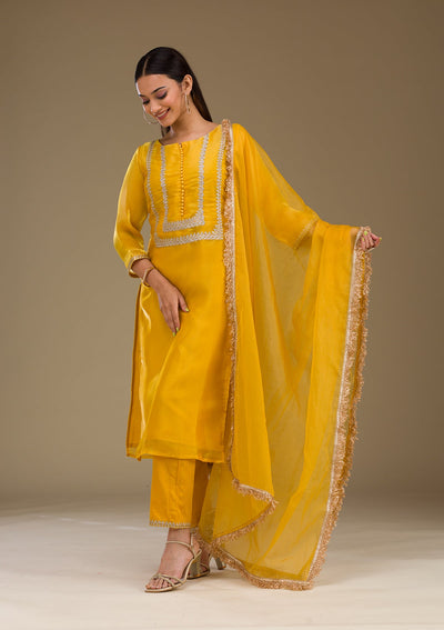 Mustard Zariwork Imported Fabric Readymade Salwar Suit-Koskii