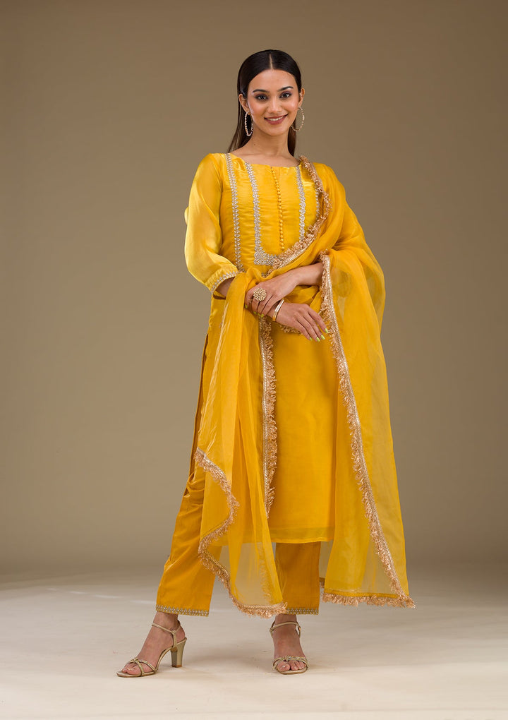 Mustard Zariwork Imported Fabric Readymade Salwar Suit-Koskii