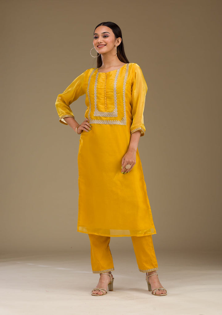 Mustard Zariwork Imported Fabric Readymade Salwar Suit-Koskii
