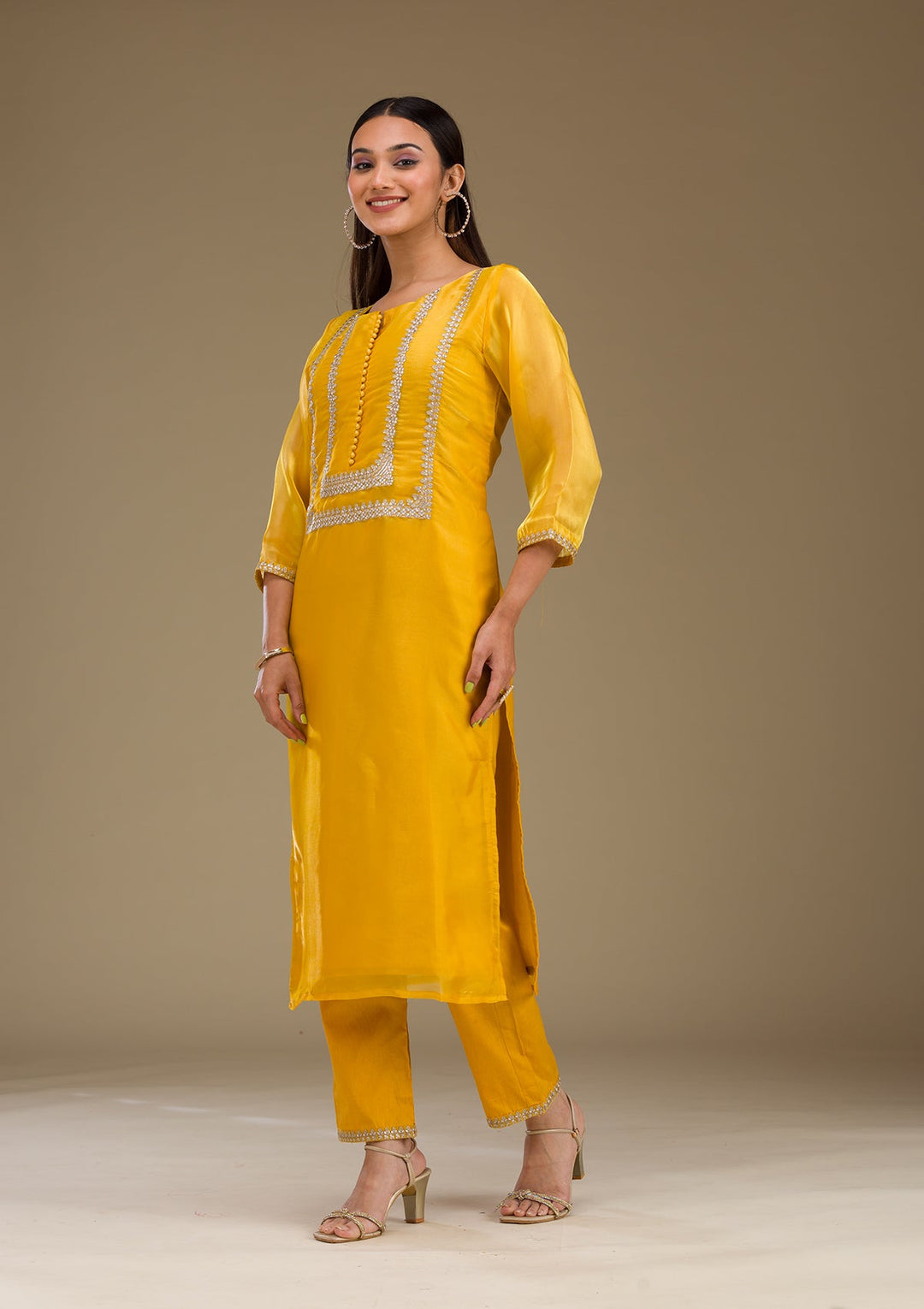 Mustard Zariwork Imported Fabric Readymade Salwar Suit-Koskii