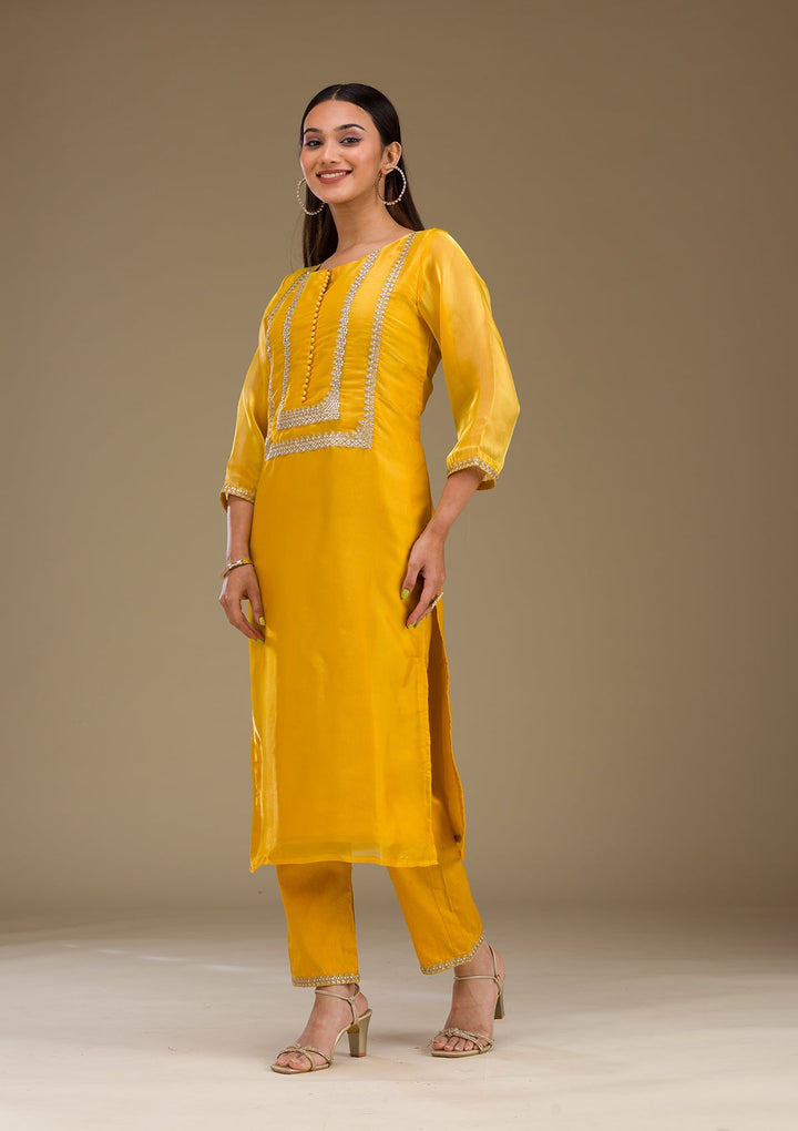 Mustard Zariwork Imported Fabric Readymade Salwar Suit-Koskii