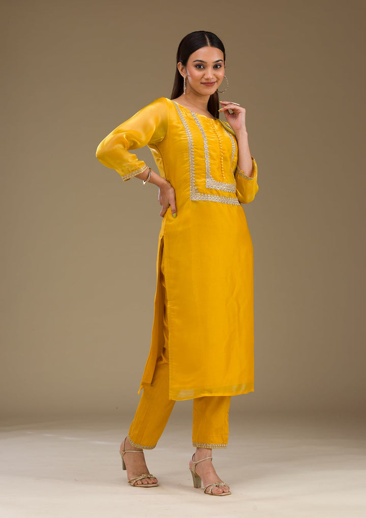 Mustard Zariwork Imported Fabric Readymade Salwar Suit-Koskii