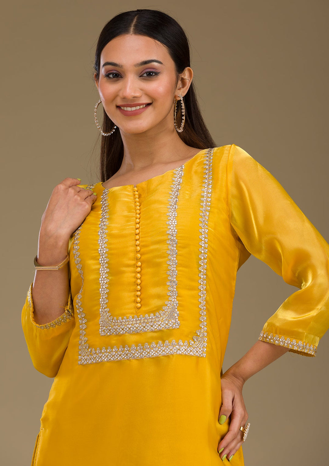 Mustard Zariwork Imported Fabric Readymade Salwar Suit-Koskii