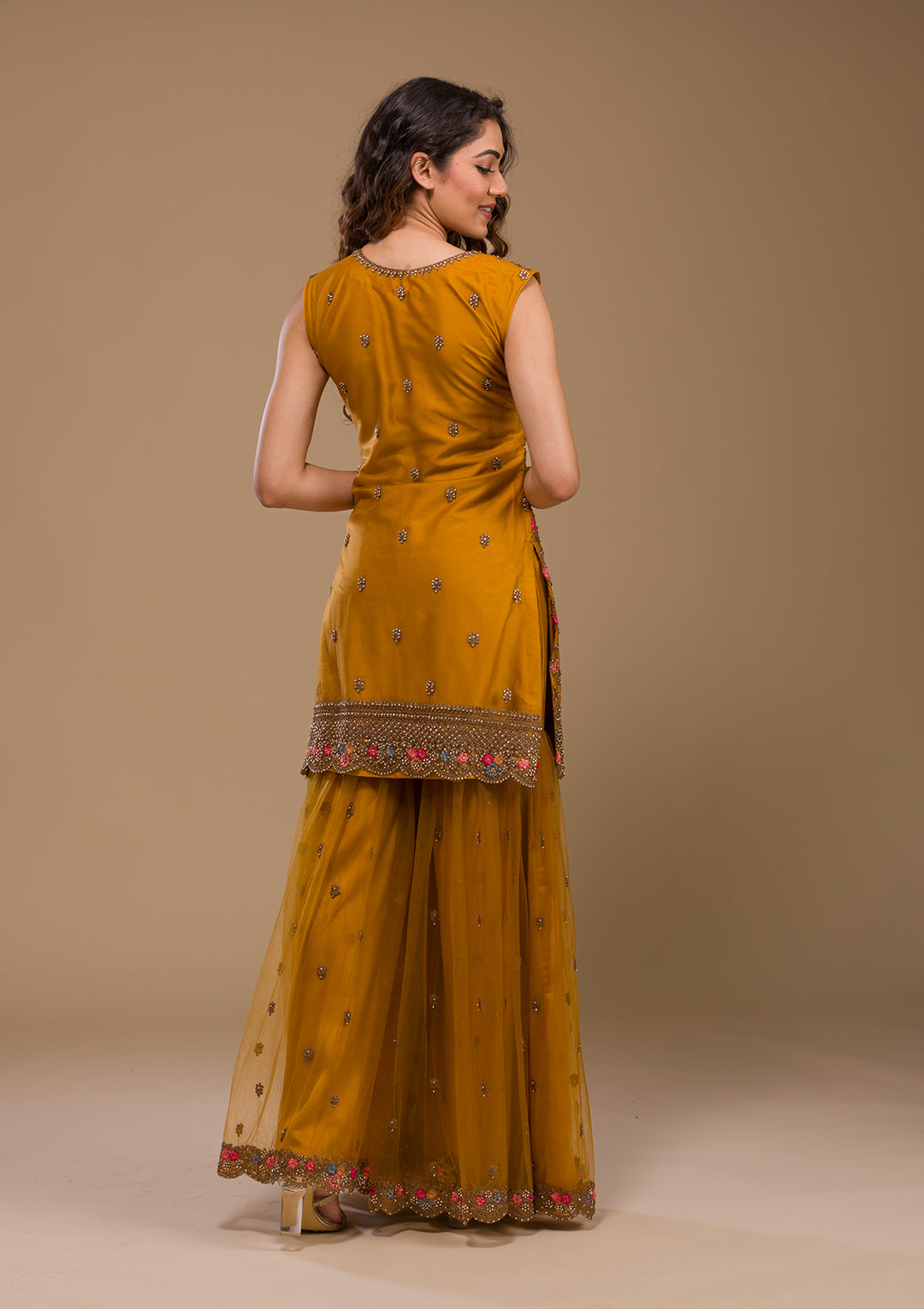 Mustard Zariwork Net Readymade Salwar Kameez-Koskii