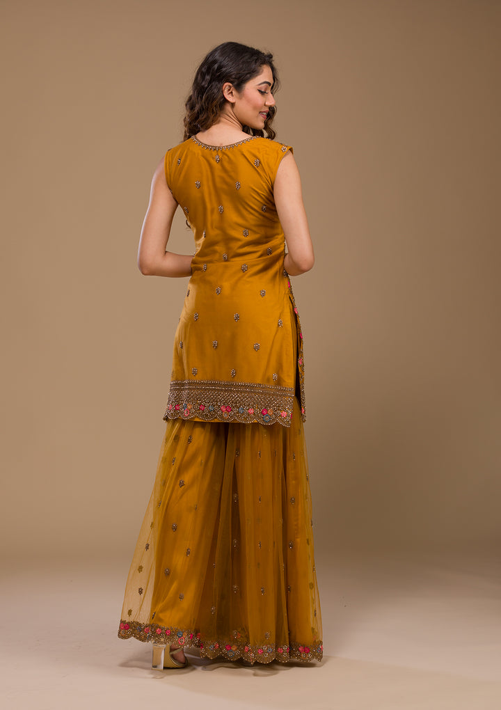 Mustard Zariwork Net Readymade Salwar Kameez-Koskii