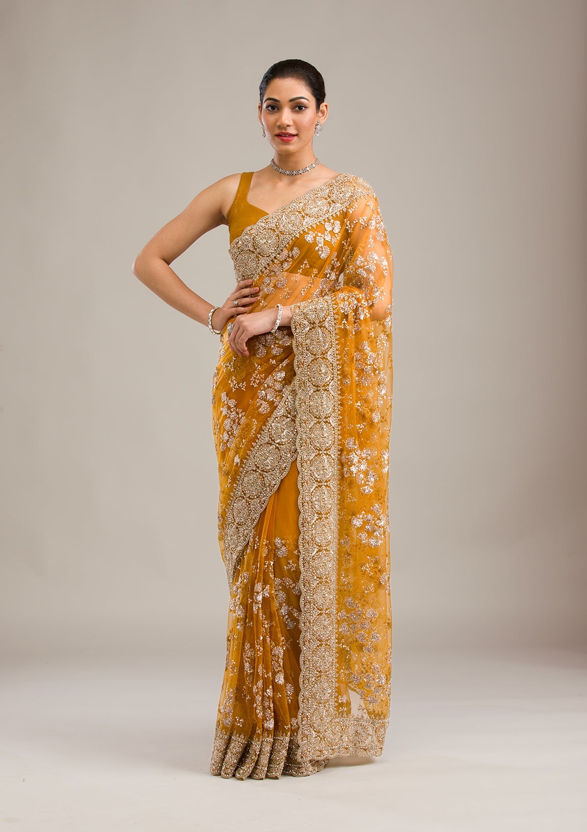 Mustard Zariwork Net Saree-Koskii