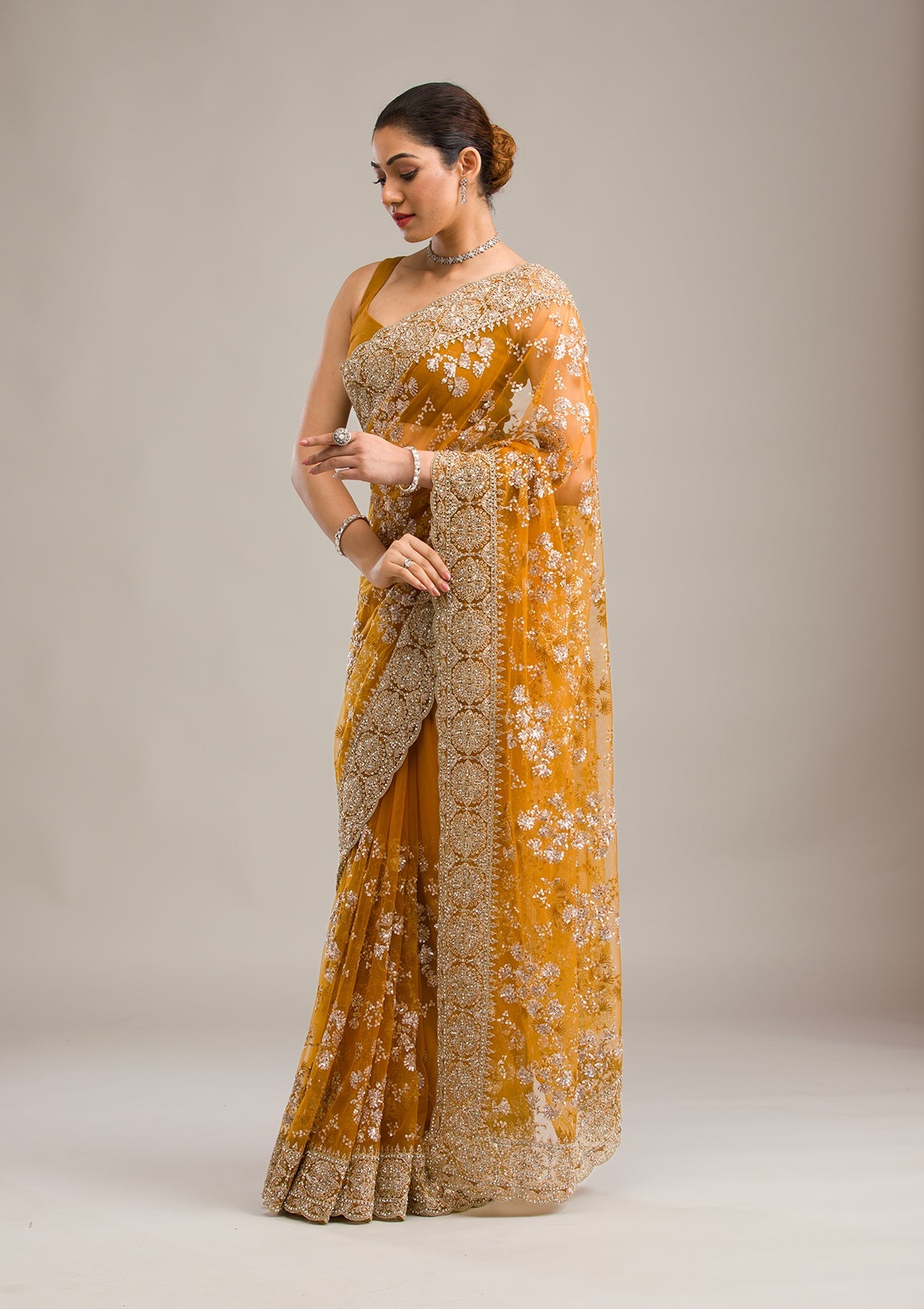 Mustard Zariwork Net Saree-Koskii