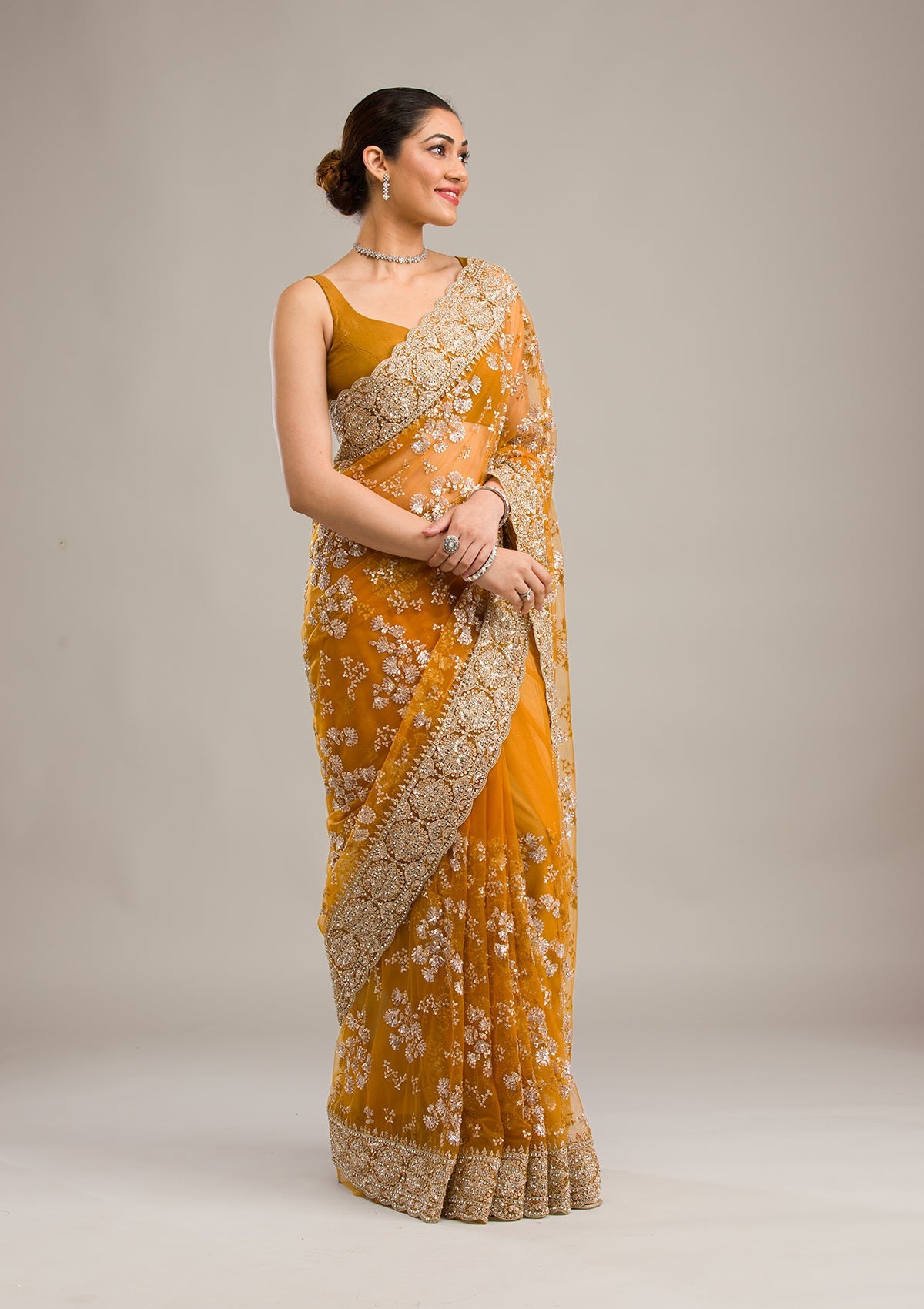 Mustard Zariwork Net Saree-Koskii