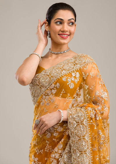 Mustard Zariwork Net Saree-Koskii