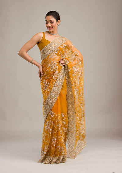 Mustard Zariwork Net Saree-Koskii