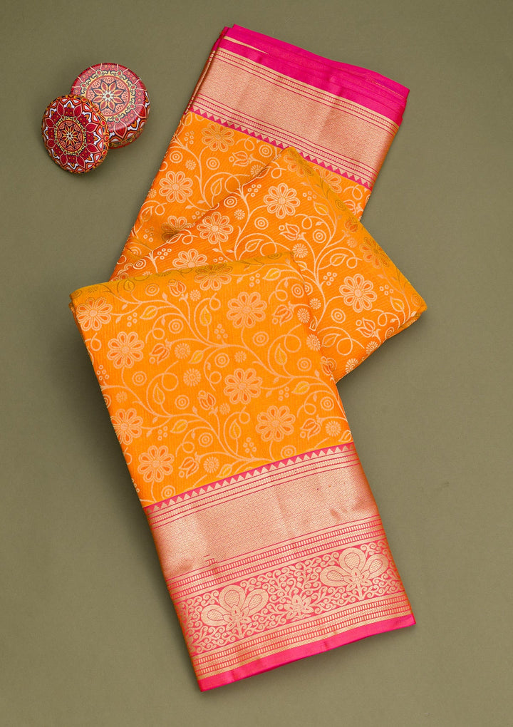 Mustard Zariwork Pure Silk Saree-Koskii