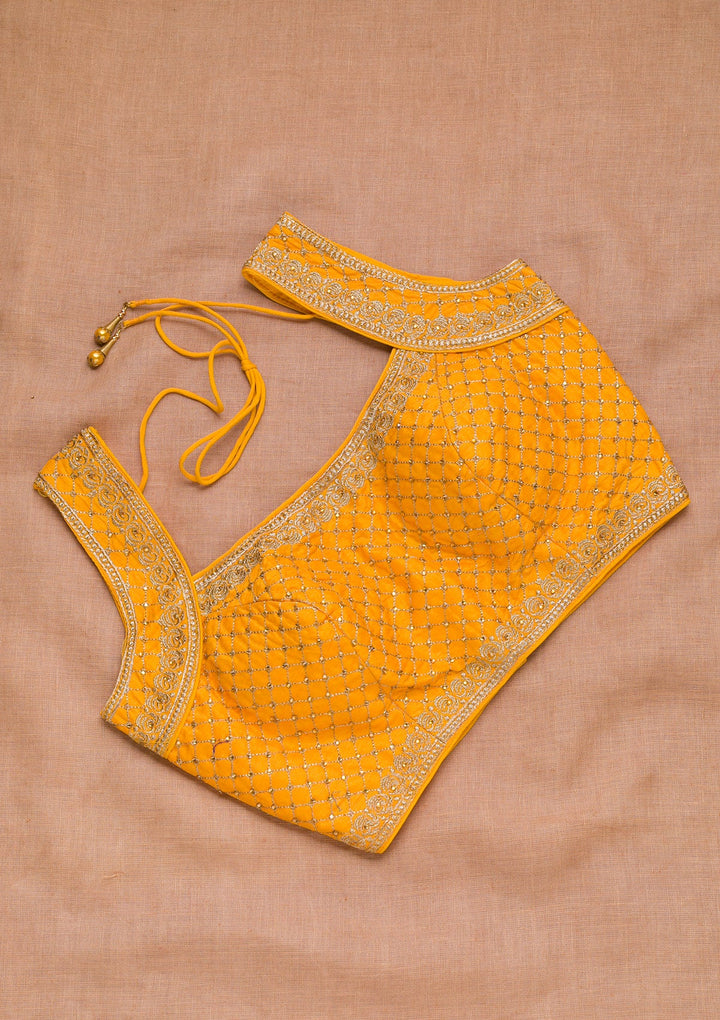 Mustard Zariwork Raw Silk Blouse-Koskii