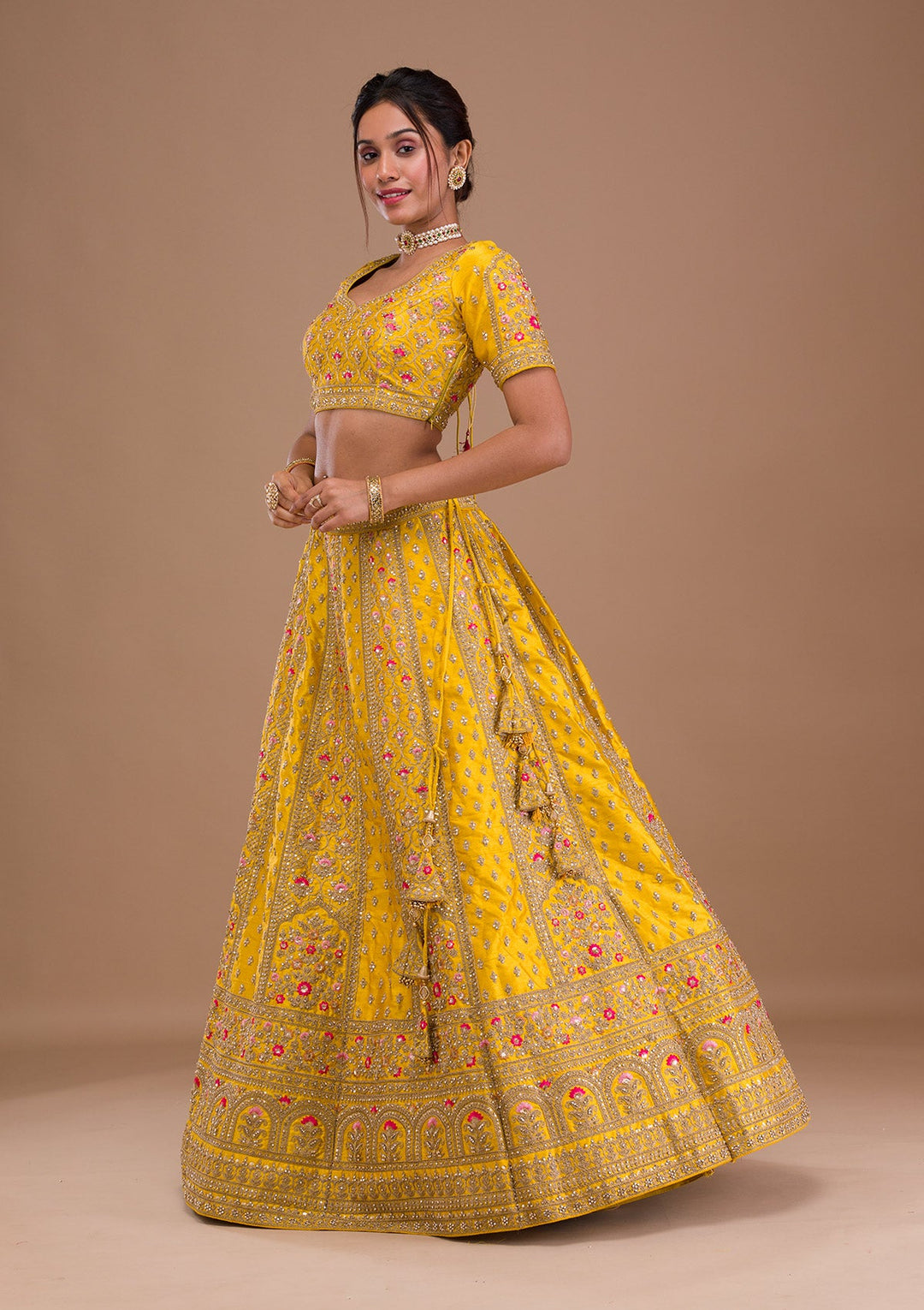 Mustard Zariwork Raw Silk Readymade Lehenga-Koskii