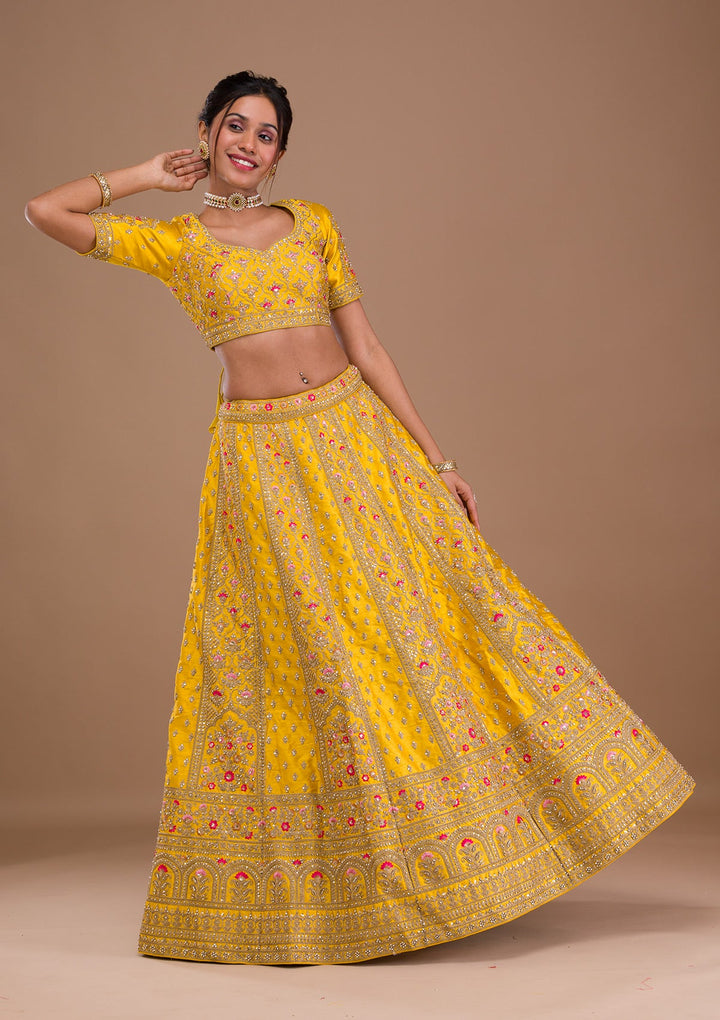 Mustard Zariwork Raw Silk Readymade Lehenga-Koskii