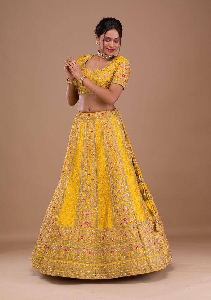 Mustard Zariwork Raw Silk Readymade Lehenga-Koskii