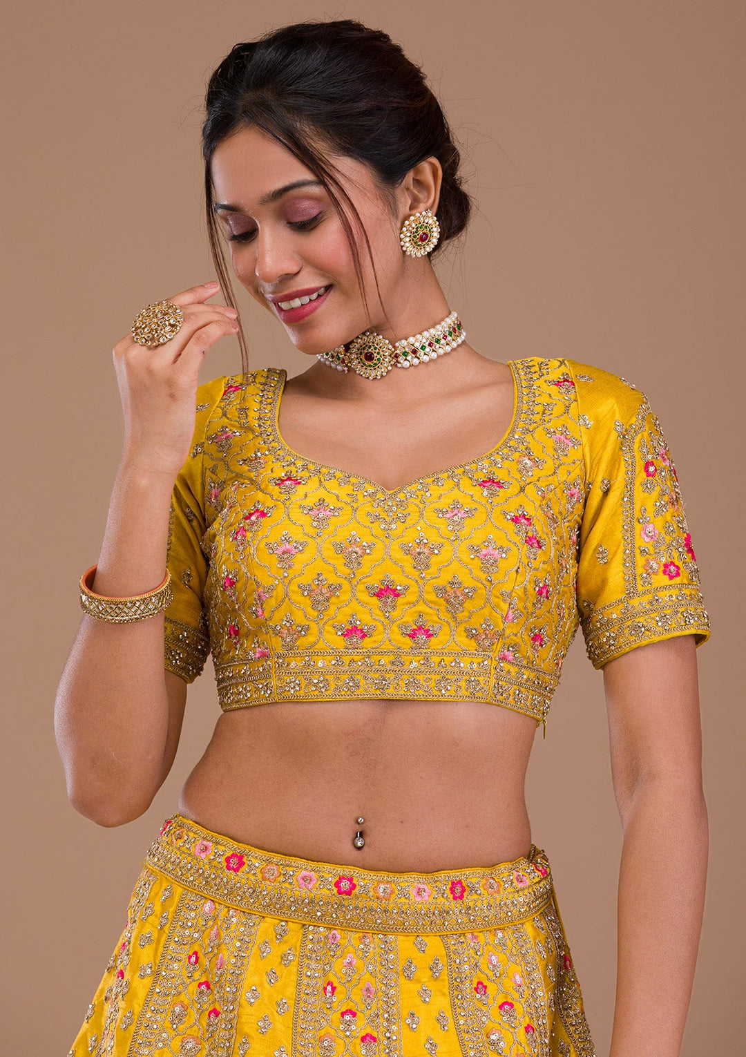 Mustard Zariwork Raw Silk Readymade Lehenga-Koskii