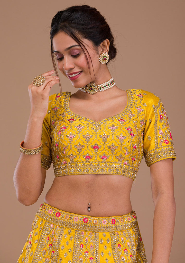 Mustard Zariwork Raw Silk Readymade Lehenga-Koskii